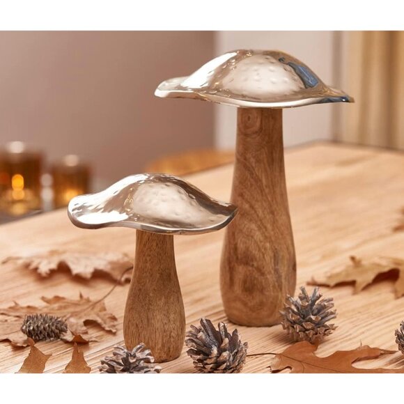 (Set of x2) Mango Wood & Hammered Metal Mushroom Cottagecore Artisan Decor - Picture 2 of 7